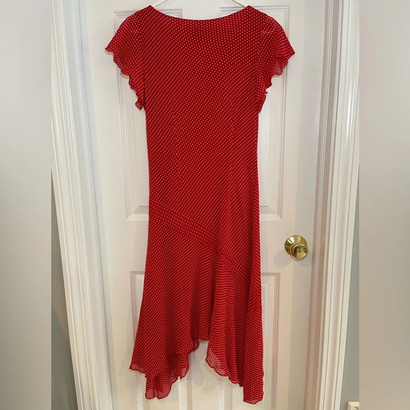 Adrianna Papell Silk Polka Dot Asymmetrical Hem Dress in Red & Cream Siz… - Picture 3 of 12